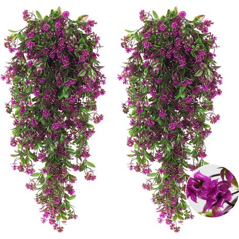 Lot de 2 plantes retombantes artificielles fuchsia avec feuillage vert, décoration florale résistante aux UV pour jardin et terrasse