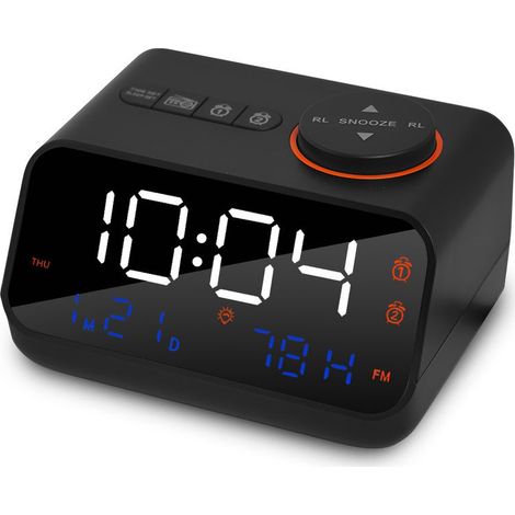 Radio Réveil Numérique Rechargeable - 2 Alarmes FM, Snooze, Ports USB, Thermomètre, Hygromètre (1/5)