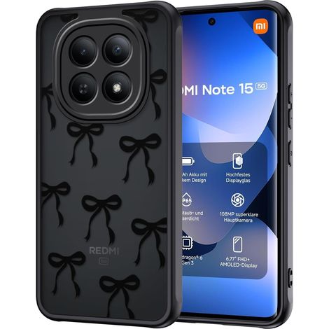 Coque pour Xiaomi Redmi Note 15 4G / 5G, Aesthetic Papillon Nœud Motif Étui Translucide Mat Silicone TPU + PC Arrière Antichoc Anti-Jaune Housse Protection de la Caméra Bumper Case, Noir (1/5)