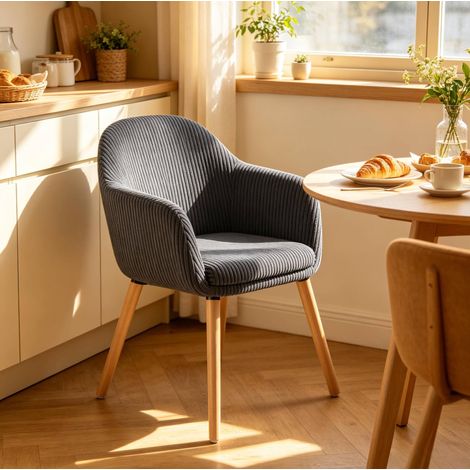 Sedia da sala da pranzo con braccioli 53,5 x 46 x 83,5 cm in velluto a coste grigio scuro DESVIAE (1/4)