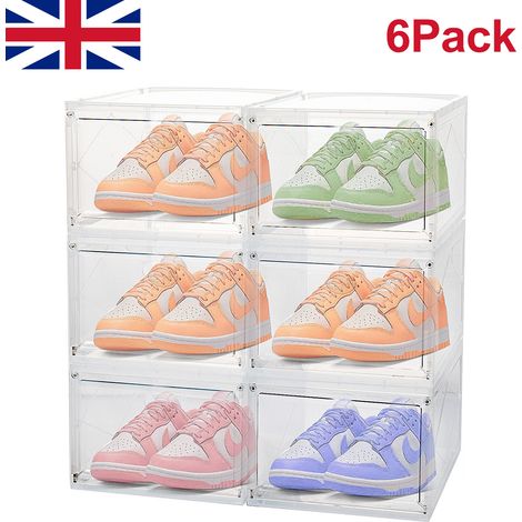 Youyijia 6Pcs Shoe Storage Box Stackable,Plastic Shoe Storage Boxes with Magnetic Door, 34cmx27cm x19cm Sturdy Foldable Shoe Organizer Containers (1/5)