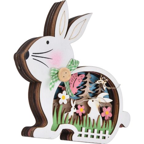 Lapin de Pâques en bois de buis naturel avec éclairage LED, lumière blanche chaude (1/5)