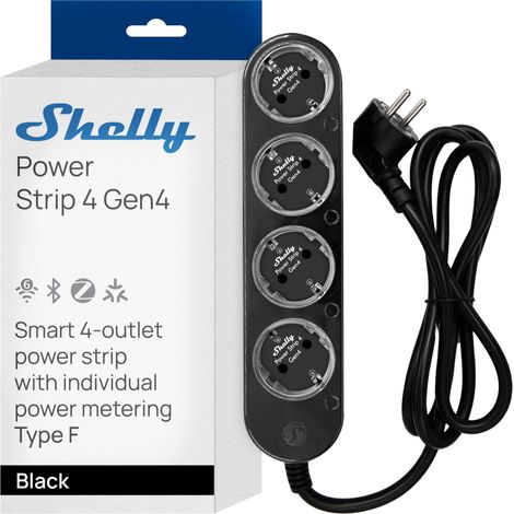 SHELLY EUROPE POWER STRIP 4 GEN4 NOIR - MULTIPRISE CONNECTÉE ZIGBEE ET MATTER 150 CM, TYPE F, 4 PRISES 3680 W, PROTECTION PARAFO