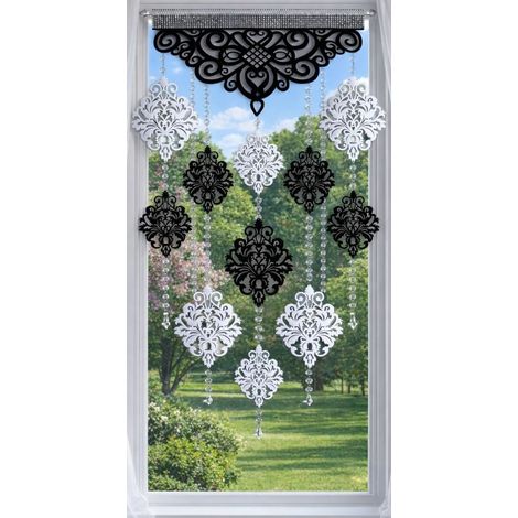 Tende moderne EKRAN con motivo traforato, GLAMUR Z16 bianco e nero, ghirlanda impreziosita da cristalli