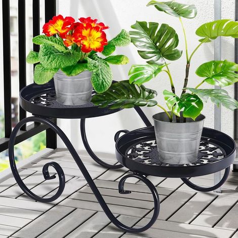 Reno – Soporte para plantas de metal negro de 2 niveles – Resistente a la corrosión – Estante para interiores y exteriores – Capacidad de 10 kg por nivel – Decoración moderna (1/5)
