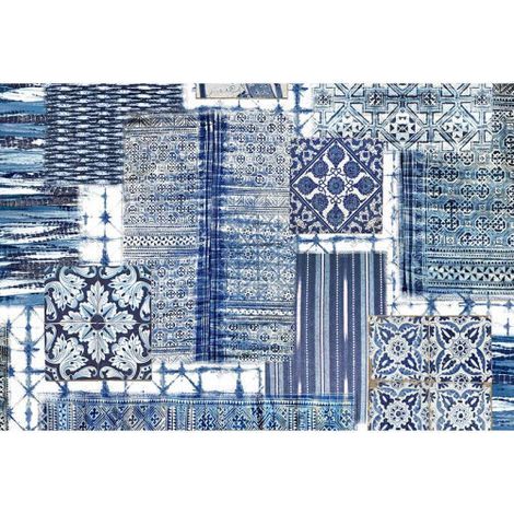 Papier peint panoramique oriental bleu & blanc Tapisserie panoramique blanche & bleu patchwork Papier peint panoramique cuisine carreaux de ciment (1/3)