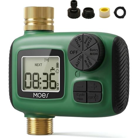 Programmateur d'Arrosage Automatique 1 Voie, Minuteur d'eau avec Entrée et Sortie en Laiton, Contrôleur d'Arrosage Programmable avec Retardateur de Pluie et Mode Manuel, Nez de Robinet (1/5)