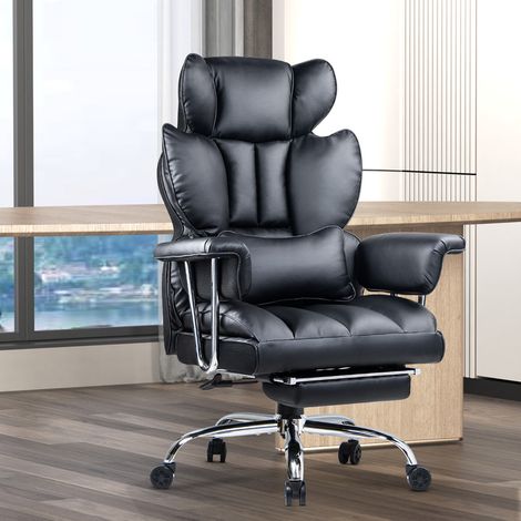 Fauteuil de Bureau - Chaise de Bureau en grand modèle en cuir PU - 180kg de charge - soutien lombaire - repose-pieds - accoudoirs allongés et appui-tête - Noir (1/5)