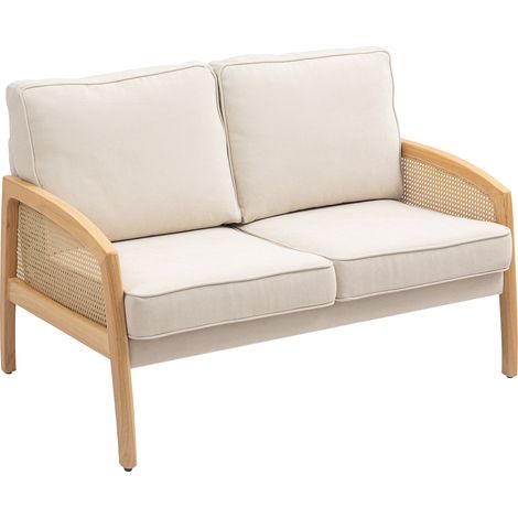 HOMCOM sofá de 2 plazas tapizado en chenilla sofá de salón con 2 almohadas lavables y reposabrazos de ratán sintético carga 240 kg 123x75x88 cm beige (1/5)
