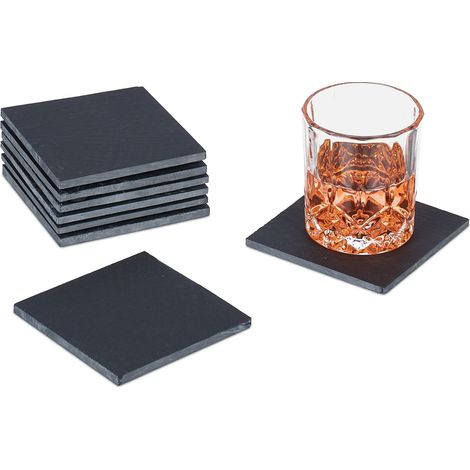 Relaxdays Schiefer Untersetzer 8er Set, eckige Getränkeuntersetzer, HxB: 10 x 10 cm, Schieferplatte Gläser, anthrazit