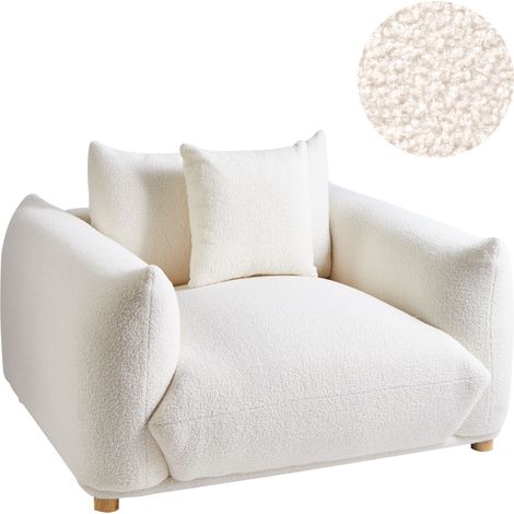 Sillón sala de estar asiento y respaldo tapizados en bouclé patas de madera blanco crema Luvos (1/5)