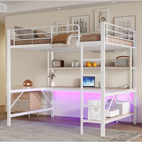 Letto a soppalco MEUBLIV 140x200 cm bianco – con scrivania, LED e USB, senza materasso (1/5)