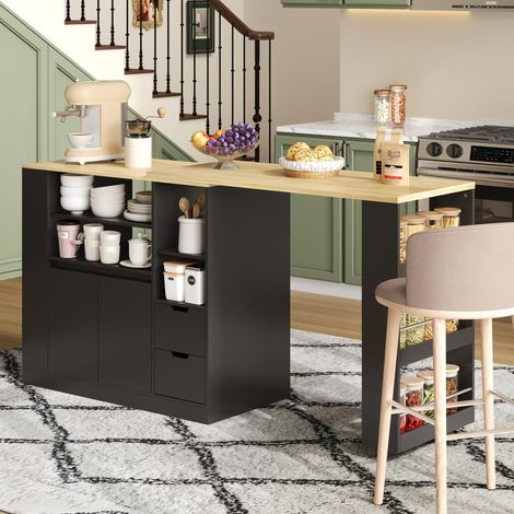 Mobile bar 115×50×92 cm, Isola cucina con piano girevole estensibile, 3 ripiani + 2 cassetti, MDF nero e legno naturale (1/5)