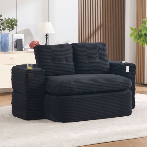 Canapé Convertible 2 Places avec Porte-gobelet - Lit banquette - Tissu Velours Côtelé Doux, Poches de Rangement, Gain de Place, Noir (1/5)
