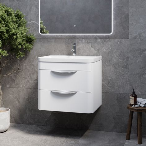 Oslo Gloss White 600mm Wall Mounted 2 Drawer Vanity Unit with Fina Basin - 600mm - Oslo Standard Handle