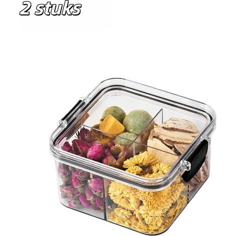 Lot de 2 boîtes de conservation empilables avec couvercle, quatre compartiments, capacité de 400 ml, transparentes. (1/4)