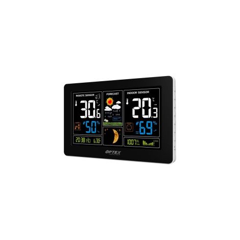 Optex – Station météo couleur radio contrôlée – Capteur extérieur avec chargeur USB – Affichage température, humidité, pression – Écran rétro-éclairé 166x90mm