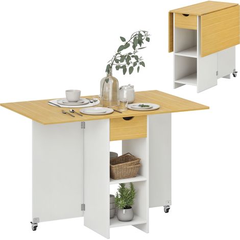 Tavolo da Pranzo Pieghevole per 2-4 Persone con 2 Ribalte, Cassetto e Ripiani, Quercia