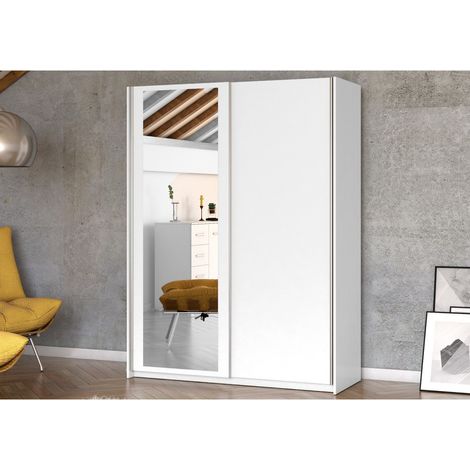 Azura Home Design – Armoire HIT 150 cm avec miroir – 2 penderies et 2 étagères – Structure en aggloméré 20 mm – Blanc élégant pour chambre (1/2)