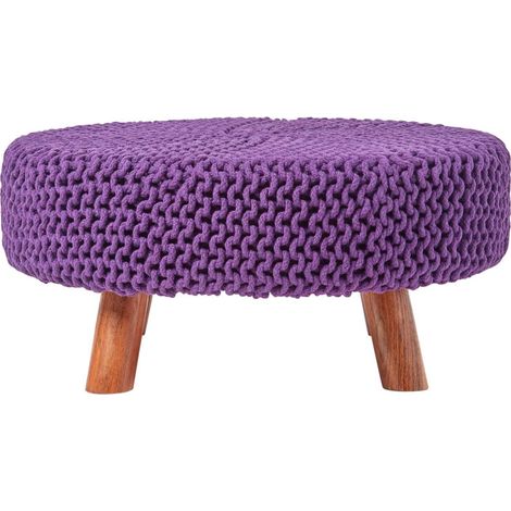 HOMESCAPES Großer gestricker Schemel mit Holzbeinen, 62 x 62 x 30 cm, violett (1/5)
