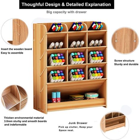organizador de escritorio DIY, madera de cerezo, compartimentos multiusos, para el hogar, la oficina y la escuela. (1/5)
