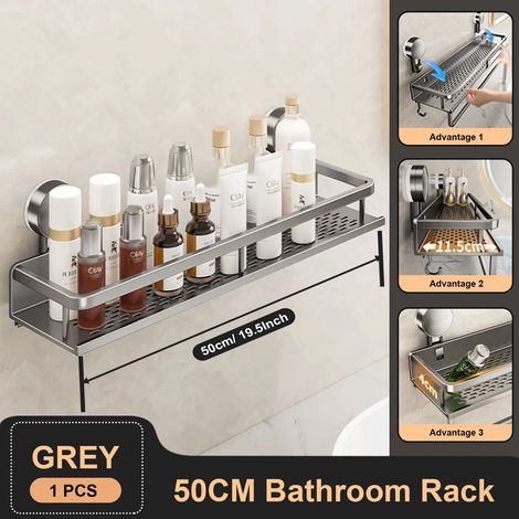 Étagère de salle de bain à ventouses (50 cm, grise) en aluminium, sans perçage, à suspendre au mur. (1/5)