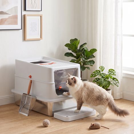 Bac à litière pour chat en acier inoxydable, fermé, anti-odeurs, XXL, gris clair (1/5)