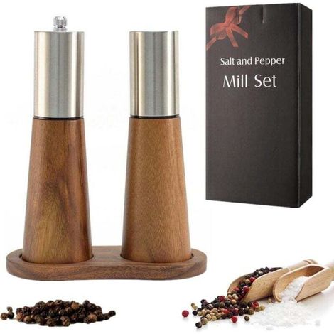 Ensemble de 2 huiliers-poivriers avec graduation, en bois, rechargeable, avec anneau en céramique et doseur ajustable.