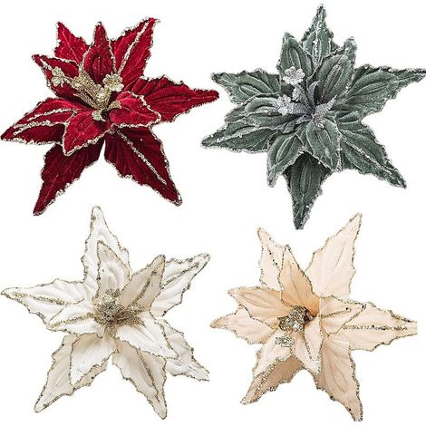 Stück glitzernde Weihnachtssternblüten, luxuriöse künstliche Samt-Weihnachtssterne für Weihnachtsbaum- und Kranzdekoration (E) (1/5)
