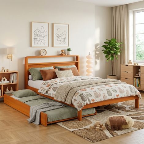 Letto in legno 140x200 cm con letto estraibile 90x190 cm, letto matrimoniale color naturale con letto per gli ospiti, testiera arrotondata e funzione salvaspazio 2 in 1 (1/5)