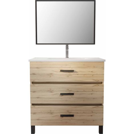 meuble de salle de bain 80 cm - chêne industriel - 3 tiroirs - vasque et miroir — vue 3