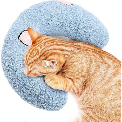 Coussin pour chat Jouet apaisant doux et moelleux Coussin d'herbe à chat Coussin en forme de U pour dormir, se reposer, jouer (bleu)