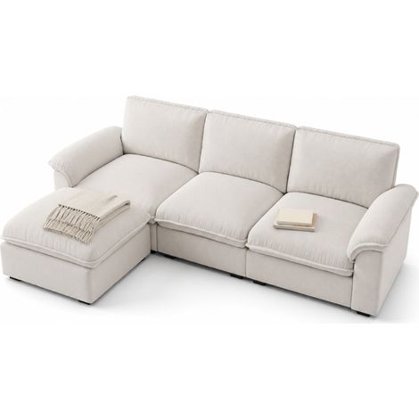 Sofá modular en L de 4 plazas con otomana, chenilla beige (1/5)