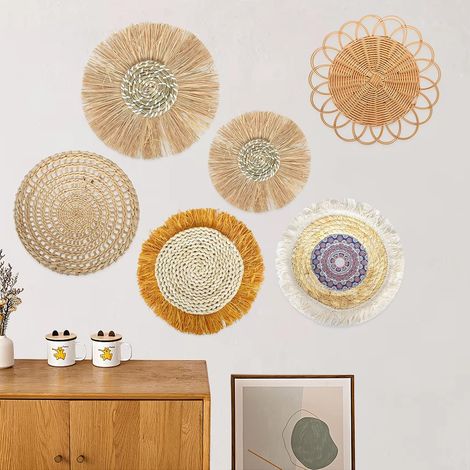 Lot de 6 Suspendu Décor Mural De Rotin, Décors de Paniers Muraux Suspendus, Panier Mural Tissé, Panier tissé à la Main, Round Bohemian Macrame Mur pour Décoration Mural Maison Ferme Salon (1/5)