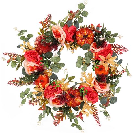 Couronne Décorative - Couronne Fleurie Artificielle avec Vignes de Citrouille - Pour Porte Intérieure ou Extérieure - 40 cm - 1 Pièce (1/5)