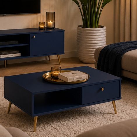 Table basse avec tiroir bleu et pied doré EZIA (1/5)