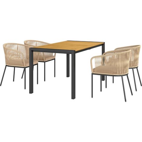 5-teiliges Polyrattan Gartenmöbel-Set für 4 Personen, wetterfest Balkonmöbel mit Tisch 4 Stühle abnehmbar Sitzkissen, Outdoor Terrassenmöbel Lounge-Set für Balkon, Garten, Naturholz+Khaki 
