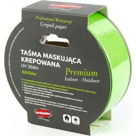 Cinta de enmascarar crepé impermeable y resistente a disolventes, 50 mm, 50 m, fuerte y dinámica. (1/3)