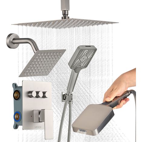 VEVOR Ensemble de Robinetterie de Douche, Systeme de Douche 3 Fonctions, Pommeau Haut a Effet Pluie 30,5 cm, Pommeau Mural et Douchette a Main 4-en-1, Valve en Laiton, Salle de Bain, Nickel Brosse (1/5)