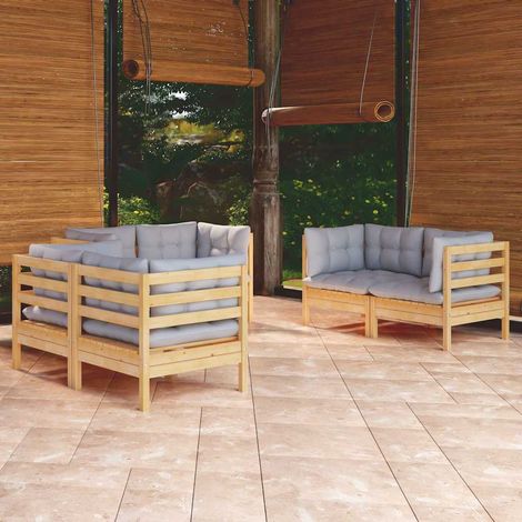 Salon de jardin 6 pcs Ensemble Table et Chaise de Jardin - avec coussins gris Bois de pin massif BV994392 - BonneVie (1/5)