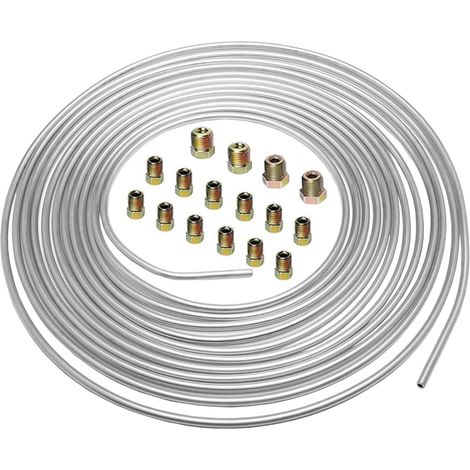 6,35mm Tuyau de Frein de Voiture 1/4" Tuyau de Frein Argent Revêtement 7,6m Kit de Conduite de Frein Replacement Auto Tube Tuyau de Carburant Frein avec 16 écrous (1/5)
