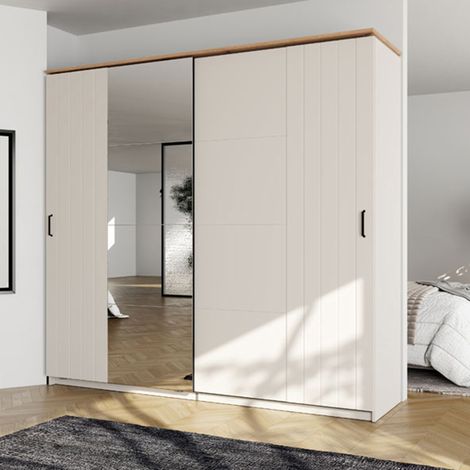 Schrank 2 Türen Aurovi, Kleiderschrank Schlafzimmer 2 Regale, Kleiderstange, Schiebetüren, 220x205h cm Cremeweiß (1/5)