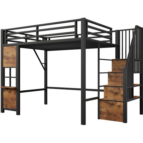 Cama alta infantil 140 x 200 cm de metal y MDF con escalera de almacenamiento negra MODENUIT (1/5)
