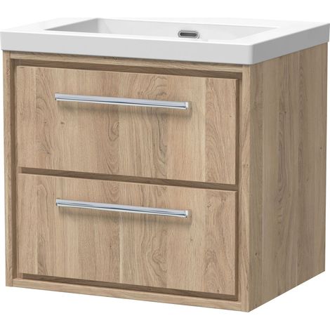 Longnor 2 Drawer Wall Hung Vanity Unit with 1 Tap Hole Modern Fireclay Basin, Light Oak, 600mm