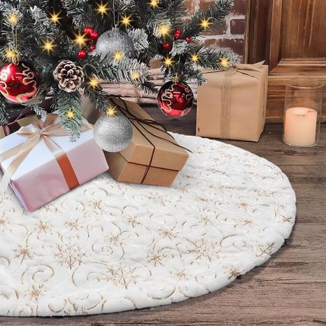 Falda para árbol de Navidad de 78 cm, falda blanca y dorada con copos de nieve, alfombra de felpa para árbol, decoración navideña para las fiestas de invierno. (1/5)