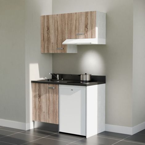 Kitchenette K01L - 120 cm - plan monobloc évier intégré Nero- évier à gauche - Façades Bois + Electroménager inclus coloris Blanc (1/5)