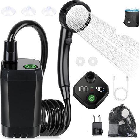 Douche portable  6000 mA pour le camping, douche électrique rechargeable d'extérieur avec affichage numérique intelligent, noire