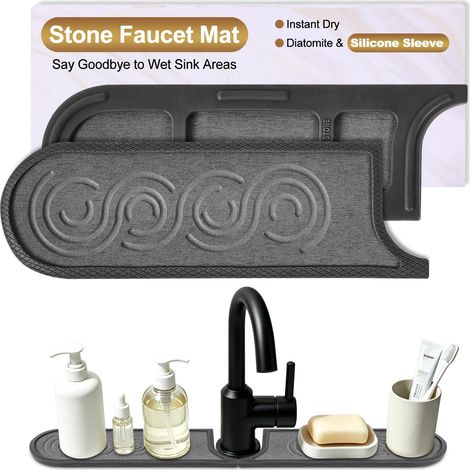 Tapis de Robinet Évier Cuisine Pierre Diatomite, Vague Noire, 59 x 10 cm (1/2)
