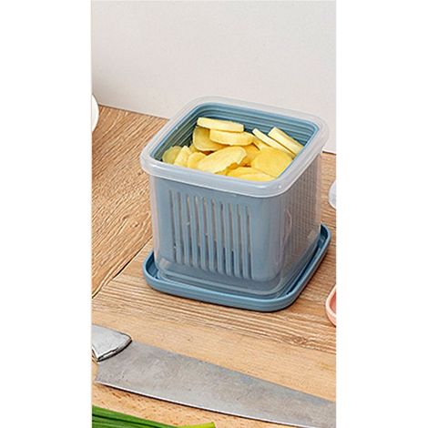 【Boîte de Stockage pour Légumes】 Boîte d'Organisation pour Aliments Réfrigérés avec Panier de Drainage Double Couche Conservateur Fraîcheur pour Oignon Gingembre Ail Capacité 660ml Plastique Bleu (1/4)
