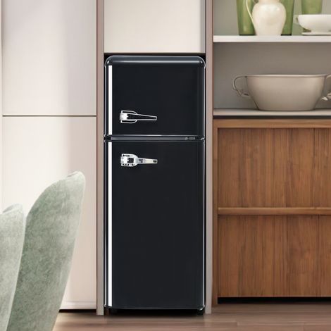 Réfrigérateur rétro, hauteur 105,5 cm, largeur 41 cm, deux portes, volume total 92 litres, 181 kWh/an, -27°C 13°C, éclairage LED, Classe énergétique F, OKWISH